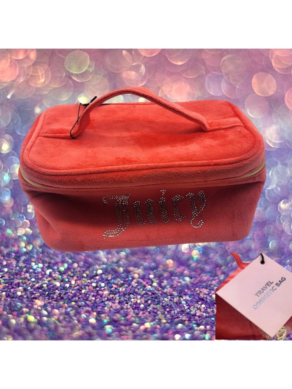 Juicy Coututre Travel Cosmetic Bag -Coral/ Rhinestone Y2K NEW